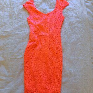 Coral Bodycon Dress with Lace Overlay